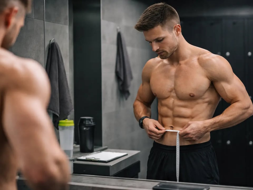 Athlete tracking body progress in gym mirror to monitor physique changes